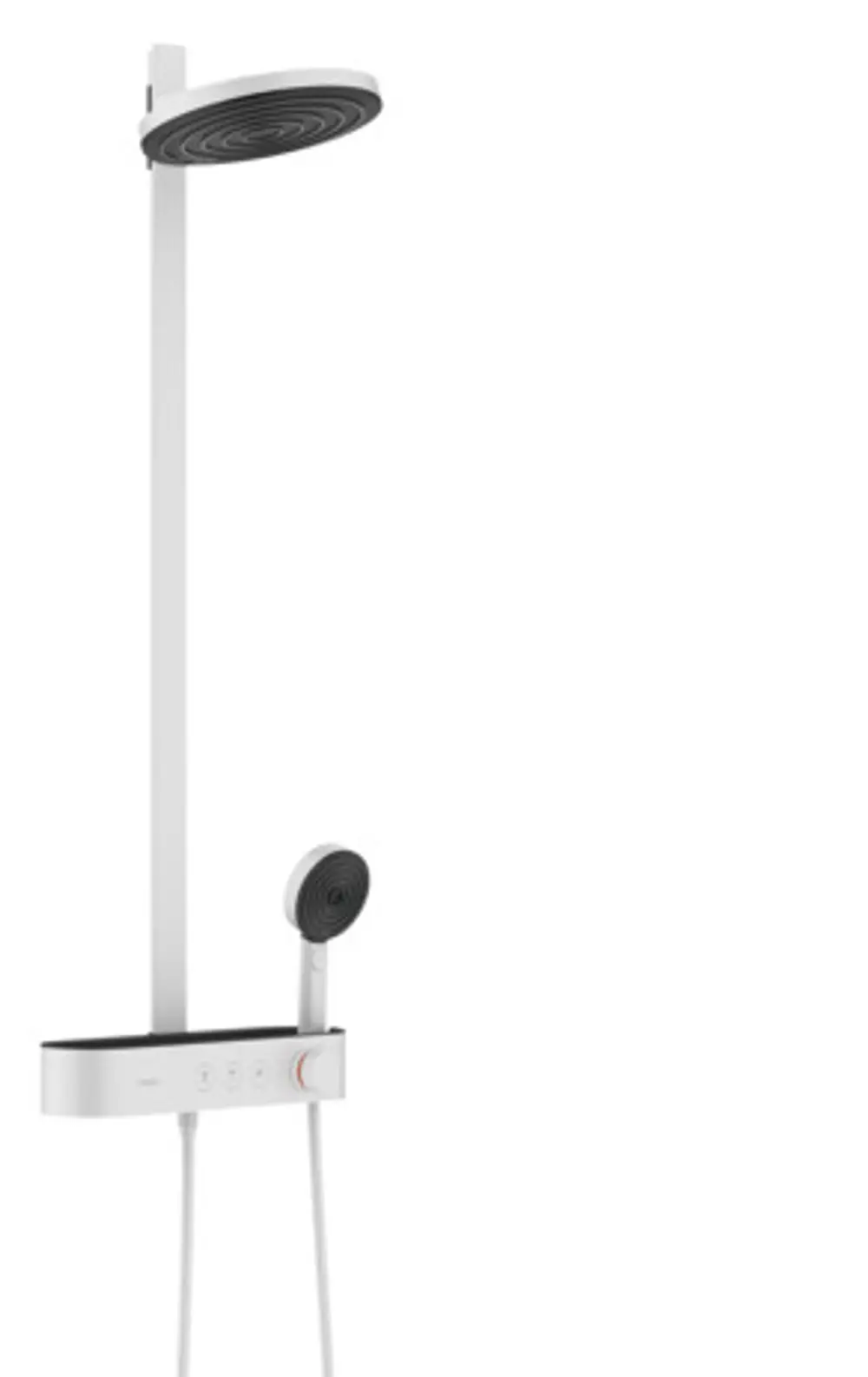 Hansgrohe Duschsystem mit Regenbrause und Handbrause an vertikalem Halter. Steuerungselemente an Wandmontage für Wasserfluss und Temperatur.
